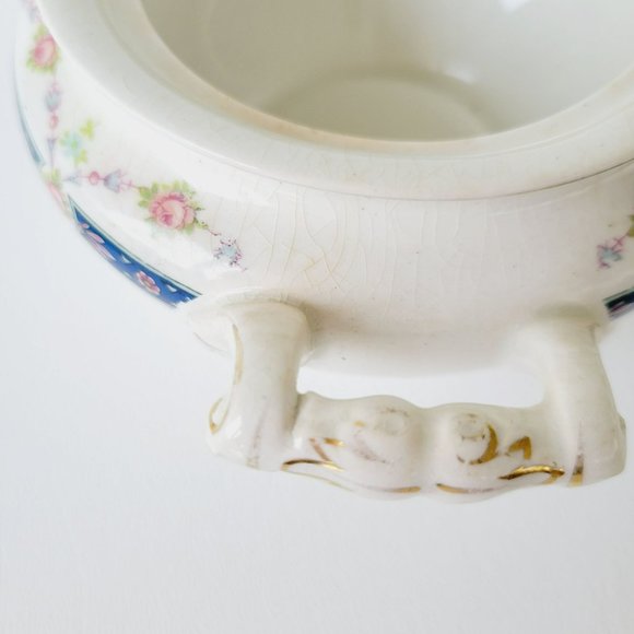 Rare Vintage Johnson Bro Sugar Bowl & Creamer, Blue Accent, Pink Floral, CRAZING - Picture 12 of 16